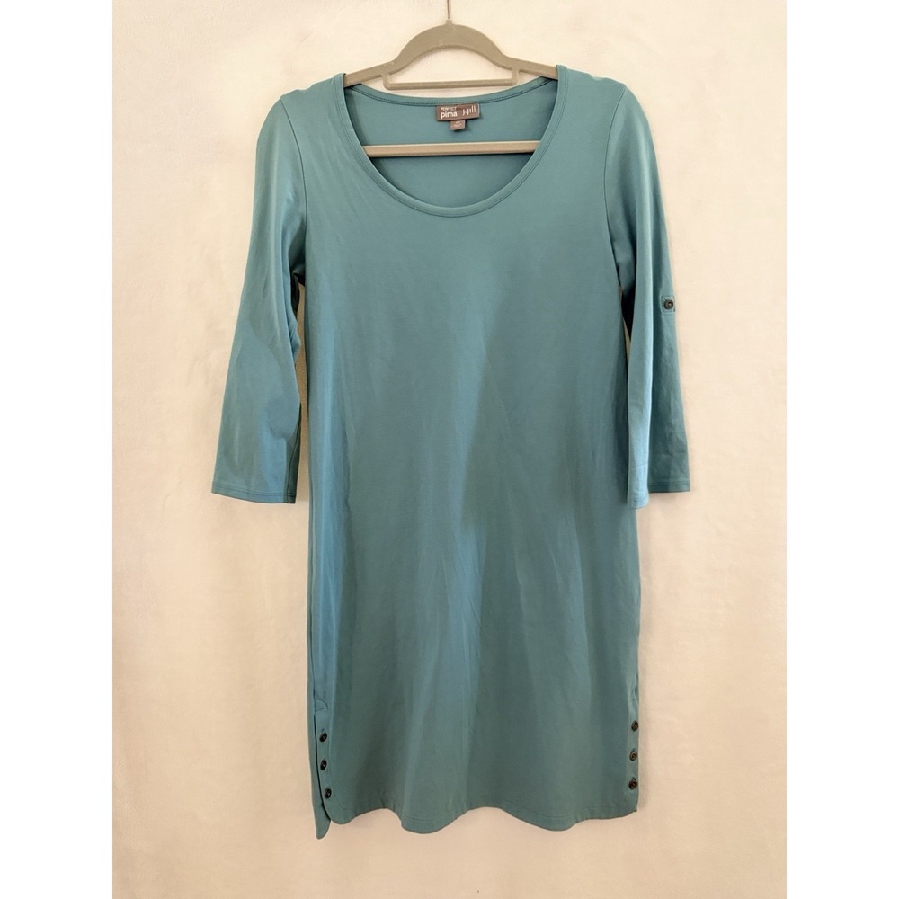 J Jill Dress XS Aqua Perfect Pima Midi 3/4 Roll-Tab Sleeve Minimalist Coastal